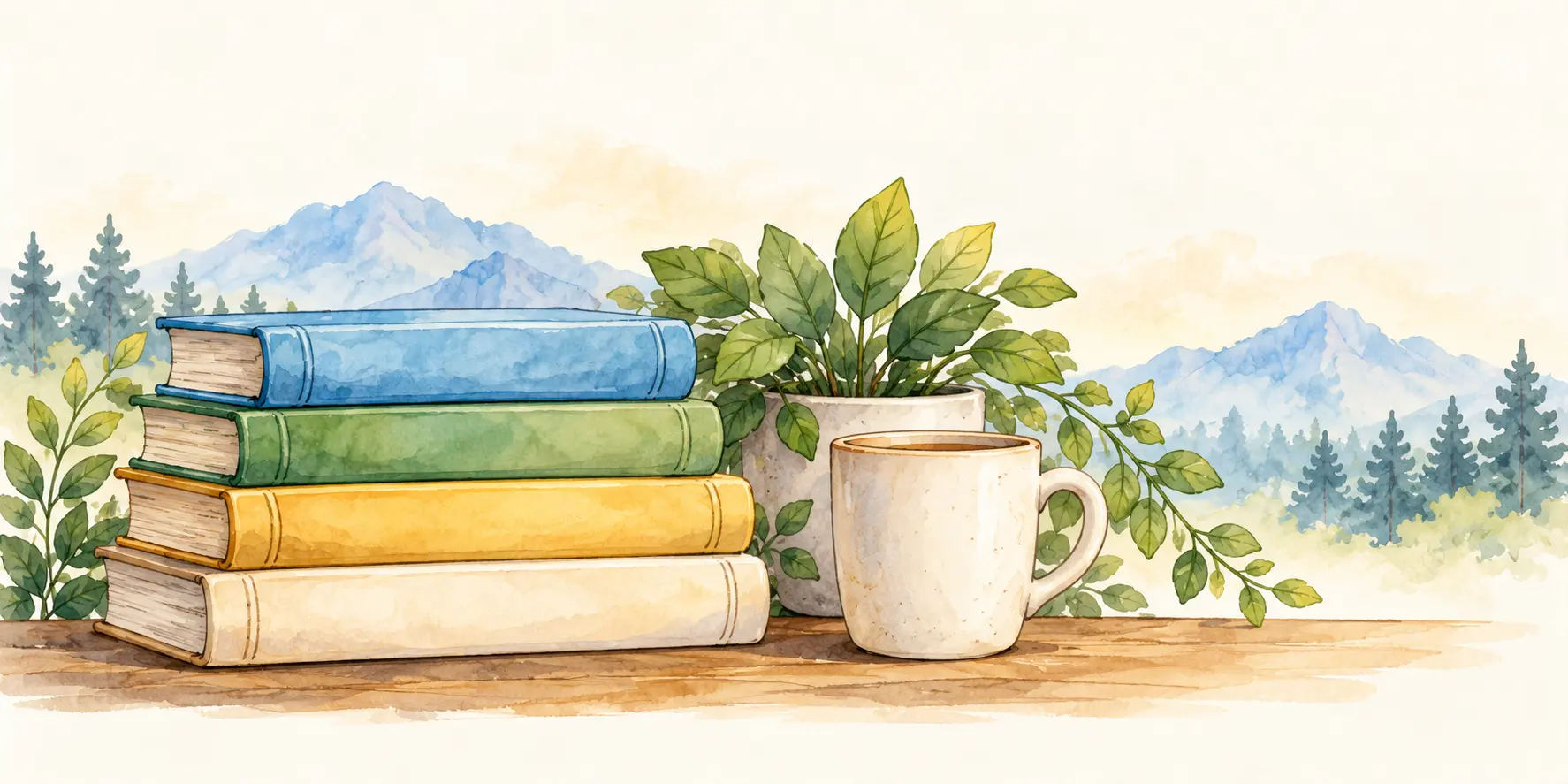Watercolor books, a leafy plant, and a warm mug in front of blue mountains